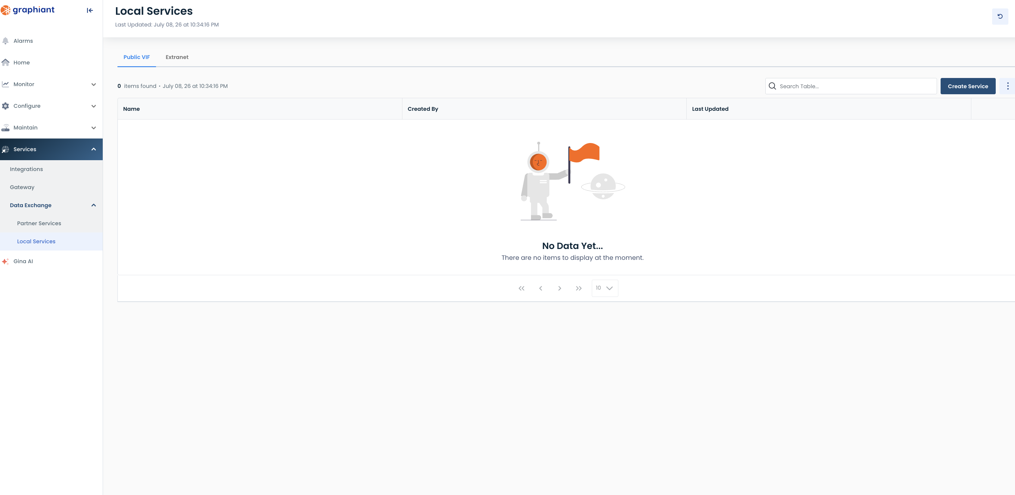 Local Services page showing no data available with a robot holding a flag.
